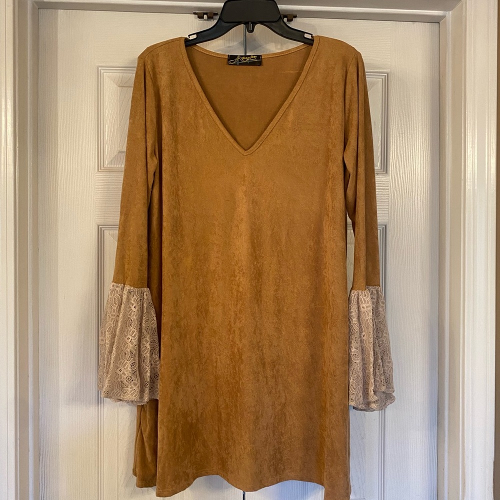 Camel suede like mini dress with flutter lace beige cuffs.